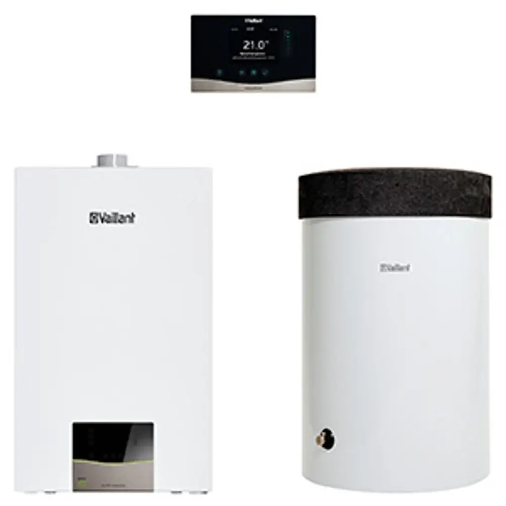 Vaillant Heizungs- und Warmwassersystem mit Heizkessel, Warmwasserspeicher und digitalem Thermostat. Alle Komponenten in einem weißen Design.